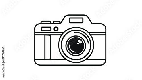 Line art icon of a digital single-lens reflex camera, representing photography, capturing images, and professional photo equipment.