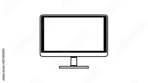 Simple black outline of a widescreen computer monitor on a stand, representing a desktop display, screen, or workstation.