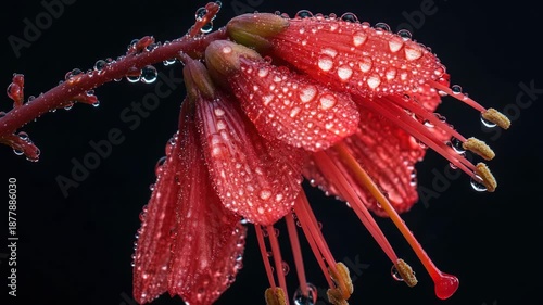 Water droplets adorn a red flower, capturing the delicate connection between plant life and the atmosphere.
