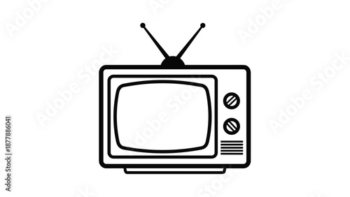 Bold black outline of a classic television set with rabbit ear antennas, a vintage curved screen, control knobs, and a speaker grill, isolated on white.