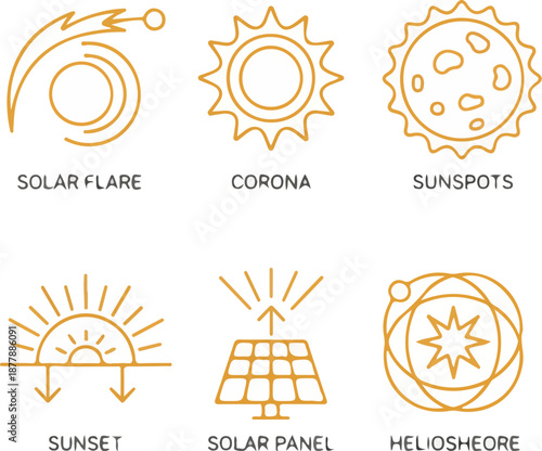 Sun and solar phenomena line icons: solar flare, eclipse, corona, sunspots, sunrise, sunset, solar panel, sunbeam, heliosphere, white background vector.