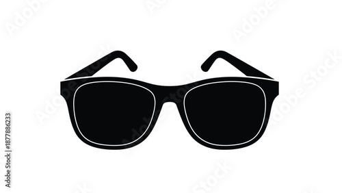 Simple black silhouette icon of classic wayfarer-style sunglasses with thick frames and dark lenses, viewed from the front on a plain white background.