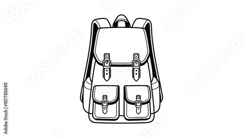 Detailed line art drawing of a classic travel backpack featuring shoulder straps, buckle closures, and two prominent front utility pockets for storage.