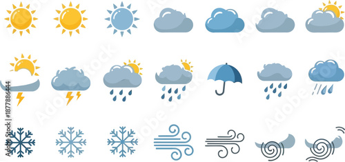 A comprehensive set of twenty weather forecast icons illustrating diverse atmospheric conditions like sun clouds rain snow wind and storms for digital applications.
