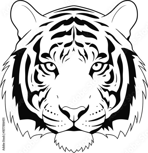 Striking black and white illustration of a majestic tiger head featuring bold, graphic lines and intricate stylized stripes perfectly centered against a soft cream background.