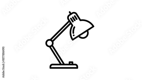 Minimalist black line art icon of an adjustable desk lamp with a classic conical shade, articulated arm, and a stable base for home or office lighting.