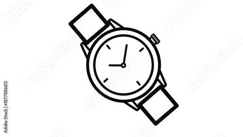 Black and white line art illustration of a classic analog wristwatch with a round face and a simple strap, shown at a slight angle on a white background.