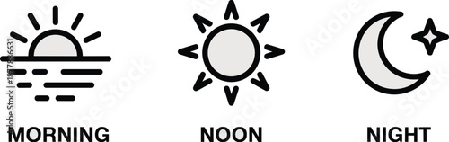Morning Noon Night Icons Representing Day Cycle Time of Day Outline Style Vector Illustration for Website Design Mobile App User Interface Presentations Infographics Education Weather Forecast Concept
