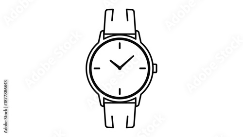 Clean black line art drawing of a minimalist analog wristwatch with a circular dial and a traditional strap, viewed from a direct front-on perspective.