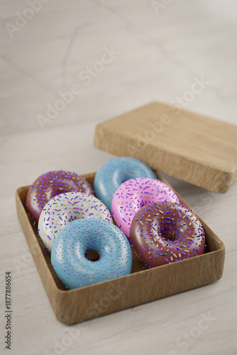 Wallpaper Mural 3D model of donuts in a wooden box Torontodigital.ca