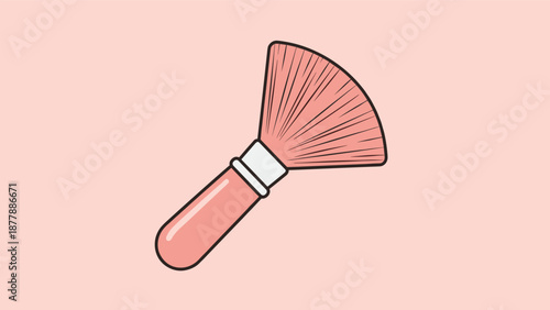 Cute cartoon illustration of a pink powder makeup brush with soft, fluffy bristles and a matching handle, set against a solid light pink background.