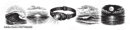 Black and white illustration depicts a headlamp illuminating waves under a sun, cloud-covered sky, and moonlit night, creating a stark, graphic design.