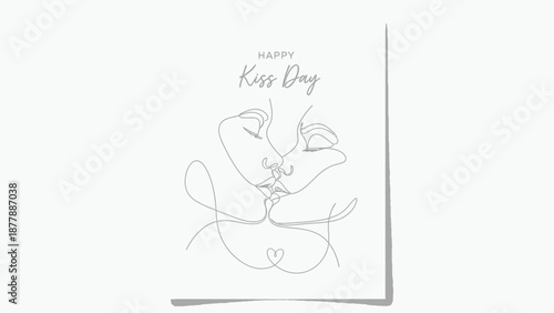 Minimalist continuous line art drawing depicts a romantic couple sharing an intimate kiss in celebration of happy kiss day making a perfect greeting card design
