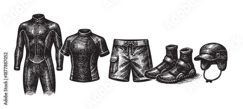 Woodcut illustration showing wetsuit, rashguard, shorts, boots, and cap, all in black and white, perfect for a diving equipment catalog or vintage-inspired sports design.