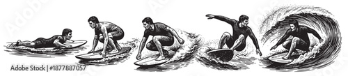 A black and white vector illustration depicting a surfer's progression from lying down to riding a wave. Great for illustrating surfing and sport concepts.