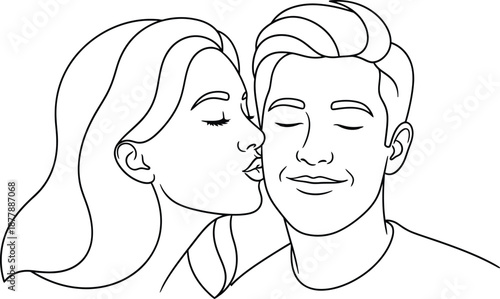 Black and white line art illustration depicts a sweet moment where a loving woman is giving a gentle kiss on the cheek to a smiling man against a clean background perfect for coloring.