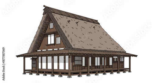 Traditional Japanese farmhouse with thatched roof architecture