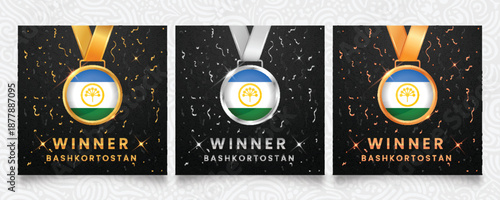 Winner templates for Bashkortostan. Medals featuring the Bashkir flag design, dark background with gold and silver confetti, and sparkling highlights. Vector illustration.