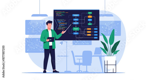 Male expert explaining complex data flowchart on board