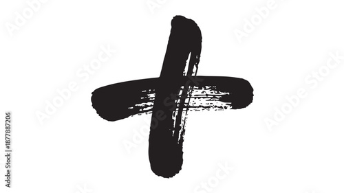 A bold black plus sign painted with thick brushstrokes on a clean white background viewed straight on