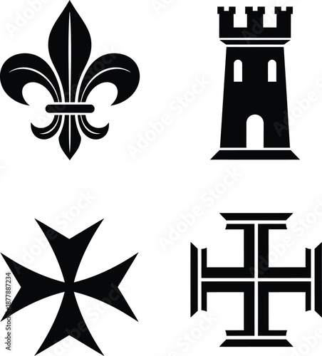 Elegant Set of Medieval Heraldic Symbols Fleur-de-lis, Castle Tower, and Historic Crosses as Classic Abstract Icons