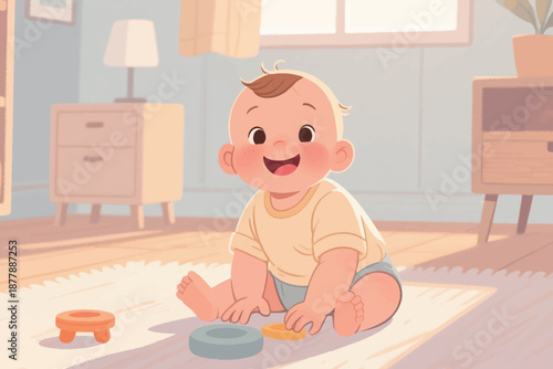 Illustration Of A Baby Sitting And Playing In A Room With Light Coming In Through The Window Vector Design Template