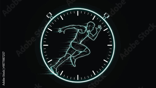 Digital neon outline of an athletic man sprinting intensely across a stopwatch face symbolizing speed fitness training and competitive athletic performance measurement against darkness