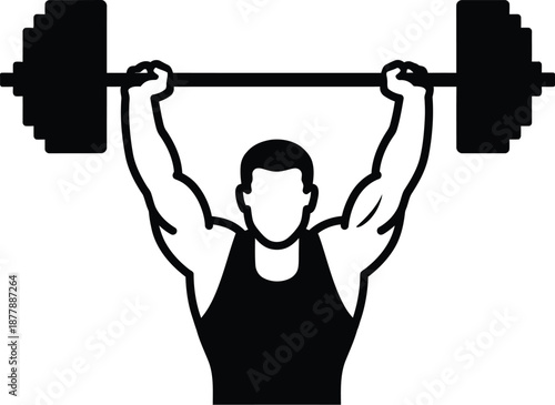 Stylized black and white graphic silhouette depicting a muscular athlete successfully completing an overhead press with a heavy barbell demonstrating strength and fitness achievement