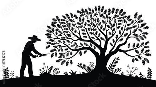 Silhouette of gardener trimming a large tree with shears landscape maintenance and tree care for horticulture and landscaping services promoting environmental sustainability and garden design in black