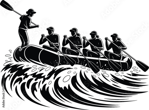 Team of people paddling raft boat on river rapids black and white vector illustration teamwork adventure extreme sport concept for outdoor activities recreation travel website social media marketing c