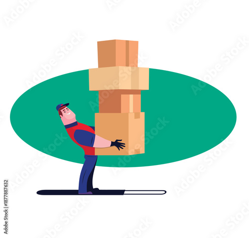 Man struggling to lift and balance heavy cardboard boxes on his back