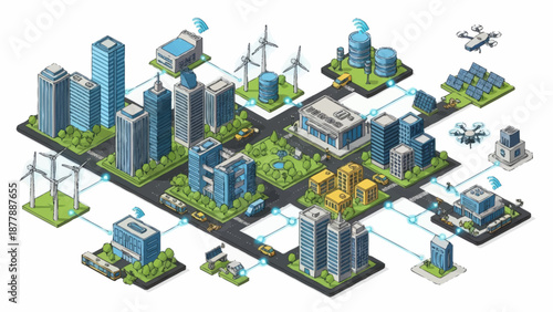Sustainable city infrastructure with renewable energy sources and green spaces.