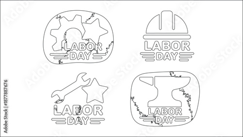 Labor Day icons line art symbols of industry and work