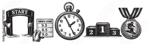 A black and white illustration showing the elements of competition: start line, score card, timer, podium, and medal. Ideal for sports related themes.