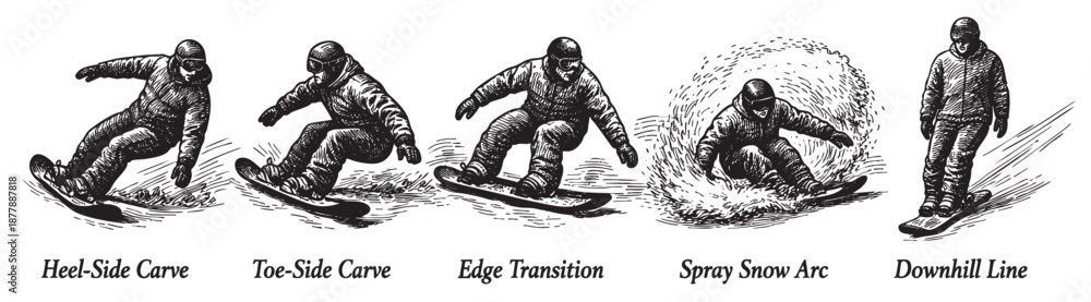 Fototapeta premium Monochrome illustration showing five snowboarder stances demonstrating carving techniques, ideal for educational or instructional materials.