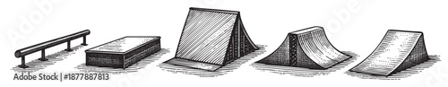 A set of skateboard park obstacles, including rails and ramps, depicted in black and white line art engraving style on a white background.