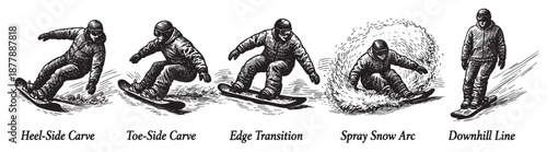 Monochrome illustration showing five snowboarder stances demonstrating carving techniques, ideal for educational or instructional materials.