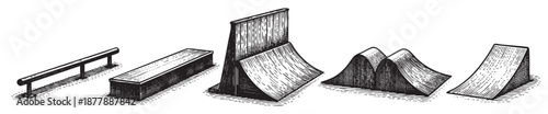 Black and white illustration showing various obstacles at a skate park, including a rail, bench, quarter pipe, and ramps, suitable for background or design element.