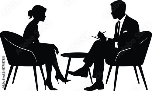 Silhouette of therapist consulting with patient in office psychotherapy session for mental health and wellbeing support in a modern counseling room with chairs and table for healthcare and emotional w