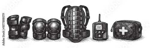 Black and white illustration of protective gear, walkie talkie and first aid kit in detailed engraving style on a clean white background.
