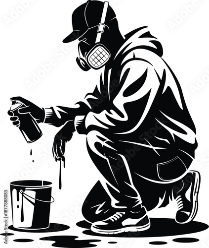 Monochrome graffiti artist spraying paint from can in urban street art scene with bucket of paint wearing mask and cap creating stencil art design for creative projects and arts culture with modern st