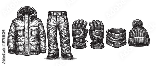 Hand-drawn sketch illustration of winter clothing including jacket, pants, gloves, neck warmer and a knit cap on a white background. Could be used for fashion or design.