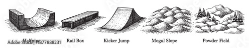 Black and white illustration of halfpipe, rail box, kicker jump, mogul slope, and powder field, ideal for ski resort or snowboarding promotional material with retro, vintage style.