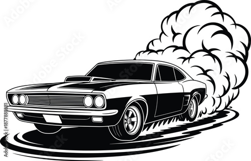 Vintage muscle car burnout illustration in black and white with tire smoke billowing from rear wheels classic american vehicle performing drag racing maneuver automotive design for t-shirts and poster