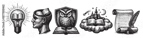 Black ink illustrations depict books as symbols of knowledge, education, and wisdom through concepts like ideas, the mind, and storytelling, suggesting learning and intellectual pursuits.