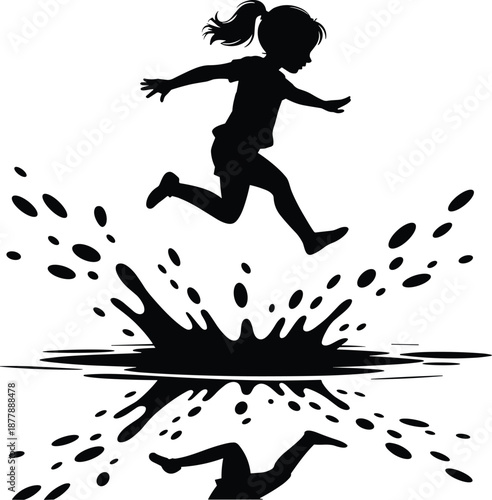 Silhouette of young girl jumping over puddle splashing water reflection in monochrome design happy childhood freedom carefree outdoor activity illustration for children's books posters advertising edu
