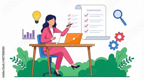 Professional woman managing tasks at desk, reviewing checklist, planning work strategy
