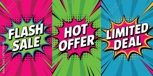 Colorful Comic Style Text Banners Flash Sale Hot Offer Limited Deal