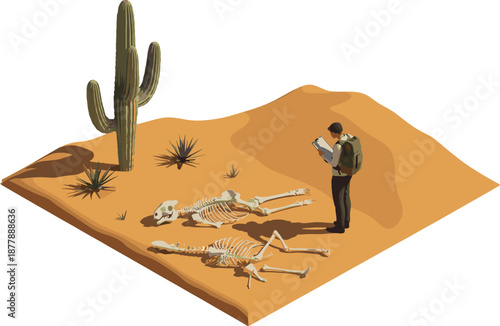 Isometric desert exploration scene with cactus, animal skeletons, researcher studying remains, arid landscape, survival concept, 3D illustration