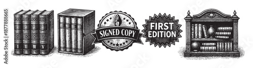 Antique book illustration features engraved books, a bookshelf, a "signed copy" stamp, and "first edition" stamp, ideal for retro-themed literary designs and book marketing.